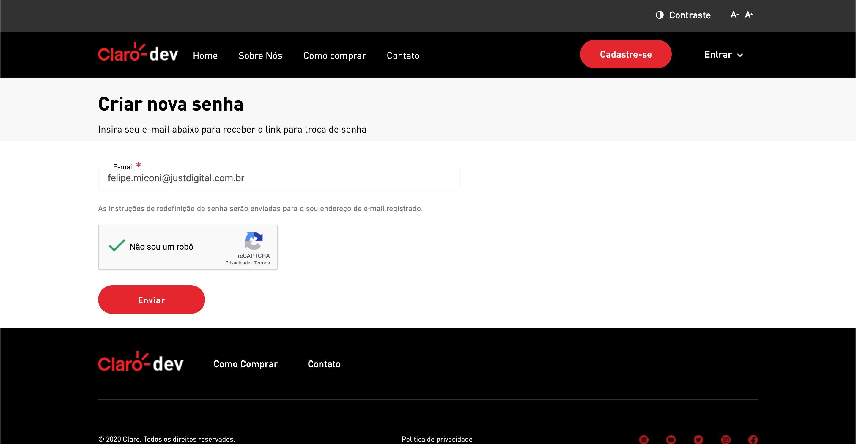 Formulário criar nova senha